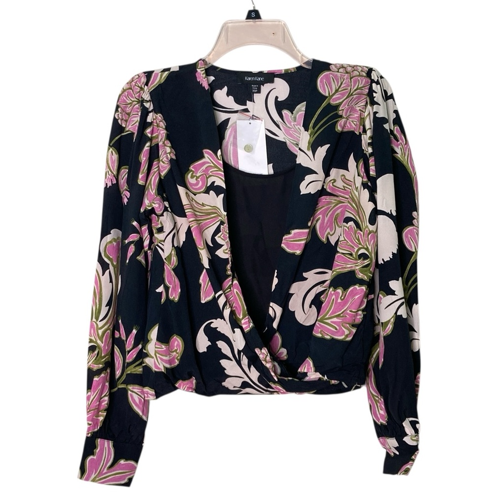 Karen Kane Floral Drape‎ Front Top Long Sleeve Wrap Style Black Pink (Size XSP)